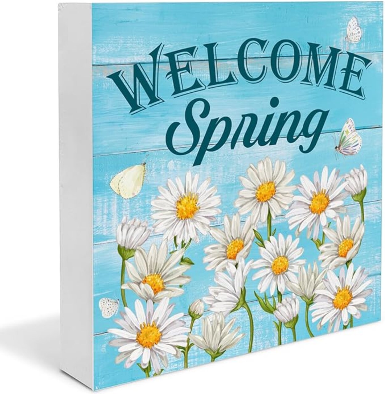 Spring Decor Welcome Spring Daisy Wooden Sign, Farmhouse Spring Desk Decorations Wood Plaque Block Sign Rustic Home Decor 5 x 5 Inches